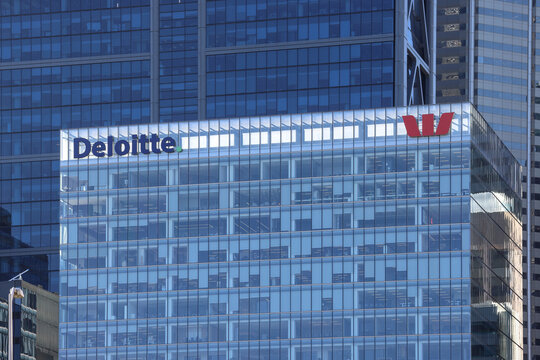 Perth, Western Australia, Australia - May 8 2026: Deloitte and Westpac office building exterior. Accounting, audit, consulting, financial, risk management, tax. Banking, home loan, investment