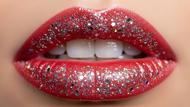 Close-up of womans glittery red lips.