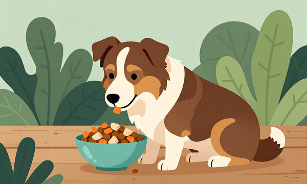 australian shepherd sits rustic wooden floor surrounded lush greenery devouring hearty bowl kibble mixed
