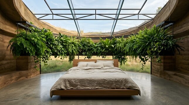 Earth-Sheltered Minimalist Bedroom with Full Glass Skylight and Hanging Fern Garden, Biophilic Earthship Design