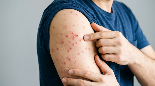 Close up of a man pointing at a skin rash with red spots on his upper arm showing symptoms of a viral infection or allergy