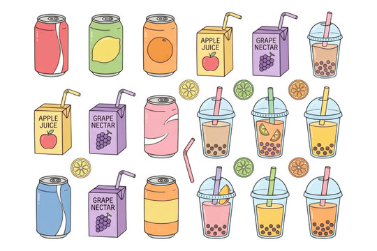 Set of Beverage Vector Illustrations with Soda Cans Juice Boxes and Bubble Tea Cups Isolated
