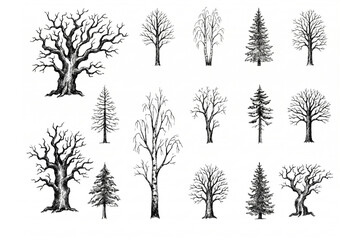 Obraz premium Winter Trees Silhouettes Set with Bare Branch Organisms. Hand Drawn Sketch Forest Plant Clipart Elements Isolated on White.