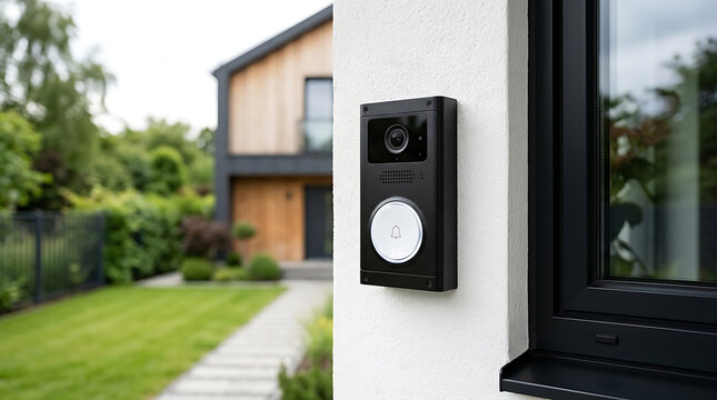 Modern smart doorbell mounted on a white wall next to a window with a blurred view of a contemporary house exterior
