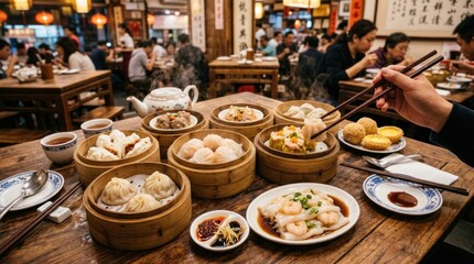 Fototapeta premium A person holds chopsticks and gestures towards a lavish dim sum spread. The table is laden with a variety of steamed dumplings, buns, and seafood 