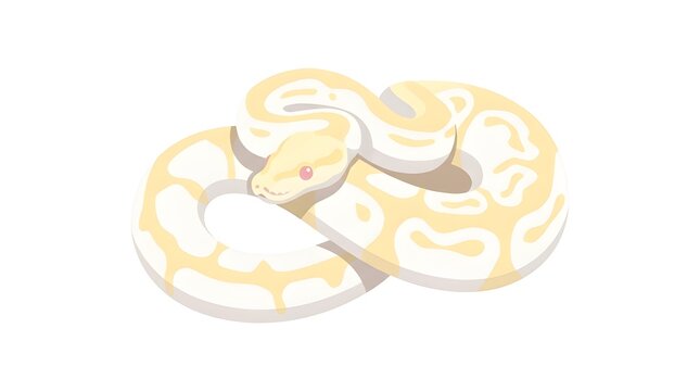 Isometric vector illustration of a coiled albino ball python snake with distinct yellow and white patterns, showing its soft colors and calm pet reptile nature.
