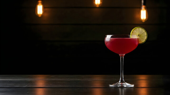 Cranberry cocktail with lime on a dark wooden table