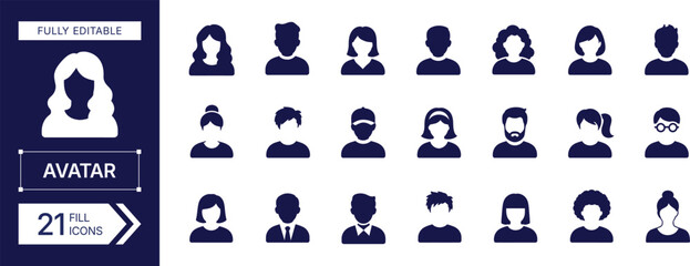 Fototapeta premium Set of 21 diverse human avatar profile silhouette icons. Avatar, profile, user, person, human, silhouette and more vector illustration
