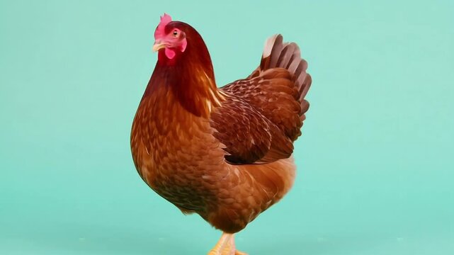 Brown hen with red comb standing on light blue background