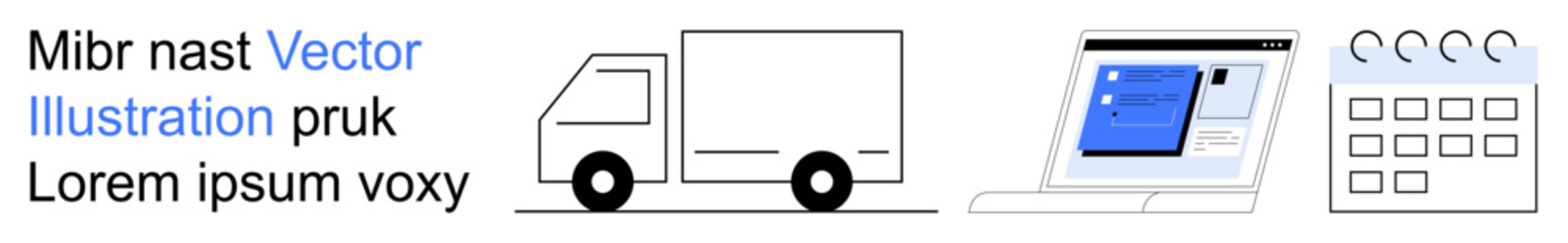 Logistics, package delivery, online tracking, dispatch planning, scheduling, e-commerce. A truck, laptop with tracking interface and calendar icons. Logistics and package delivery