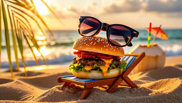 A tasty cheeseburger wearing sunglasses relaxing on a small beach chair during a sunny tropical summer sunset at the ocean