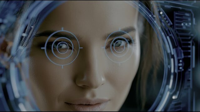 Futuristic woman face closeup biometric scan technology cyber security innovation digital interface virtual reality identification eye data privacy cyber eye digital security concept portrait with