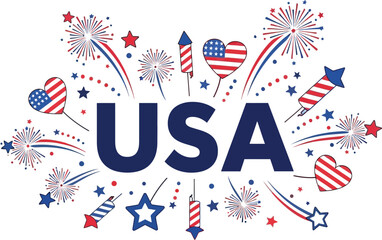 Obraz premium Usa celebration with fireworks and hearts vector illustration isolated on transparent background