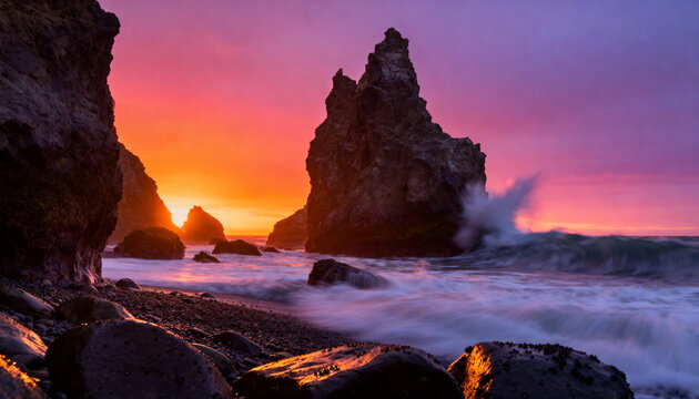 Majestic coastal sunset view featuring dramatic storm clouds clearing to reveal a brilliant colorful twilight sky reflecting across peaceful tidal pools on a rugged rocky ocean shoreline at dusk.