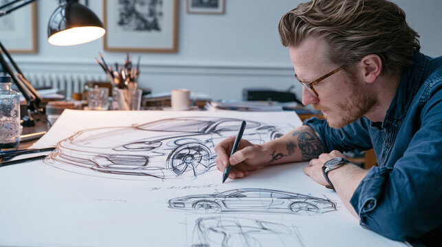Automobile Design Sketch: Creativity and Talent in Professional Studio Workspace with Illustration Tools and Artistic Vision