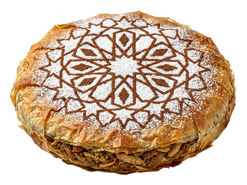A large Moroccan bastilla pie with golden-brown warka pastry, dusted with powdered sugar and cinnamon, revealing a savory filling