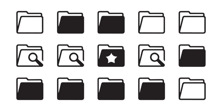 Collection of folder icons for document organization and file management systems in outline and solid style.