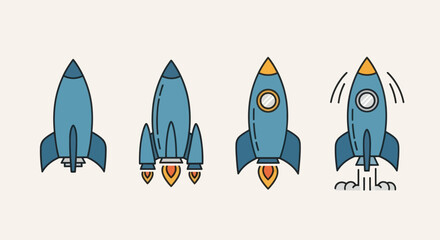 Cartoon rocket ship illustrations on white © Dyrooth