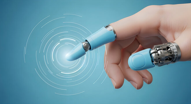 Human hand with robotic finger and thumb touching a glowing digital interface