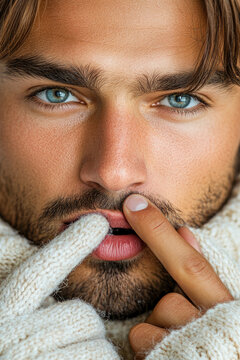 A person with their finger pressed against their lips, indicating silence or secrecy. vertical frame