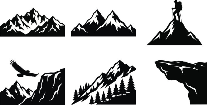 Collection of diverse mountain landscape silhouettes featuring peak climbing adventure hiking trails and soaring eagle icons for creative outdoor branding projects presented as a stylized graphic set 