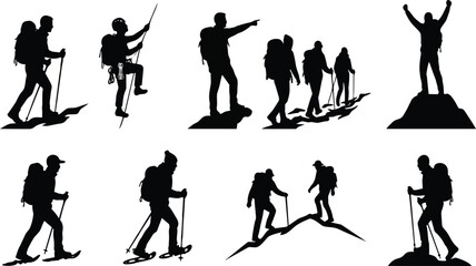 Black silhouettes of adventurous hikers and climbers engaged in various mountain activities like trekking climbing and reaching the summit of high peaks presented as a creative vector on transparent b © maria 