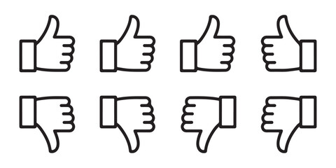 Set of linear thumb up and thumb down icons for social media engagement on a transparent grid surface background. © Ruyel