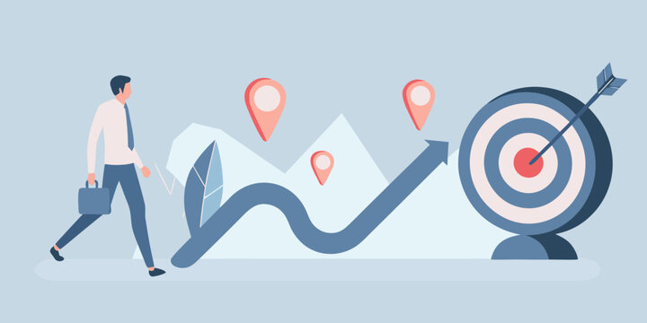 Businessman walking towards a target with an upward trending arrow flat vector illustration high quality
