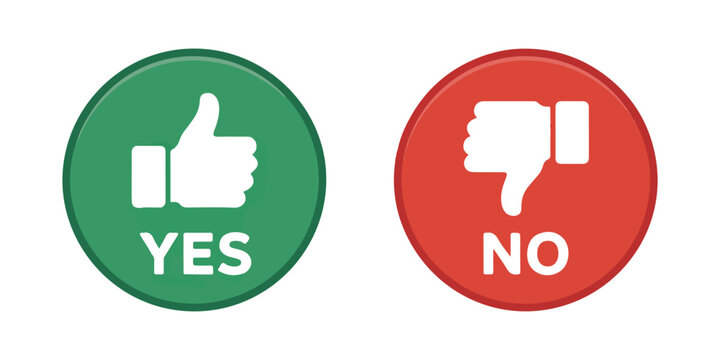 Green yes and red no buttons with transparent hand gesture silhouettes on circular flat background vector design.
