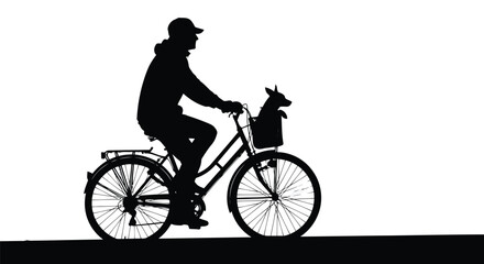 Naklejka premium Outdoor recreation silhouette of a man riding bicycle with dog in basket on white background
