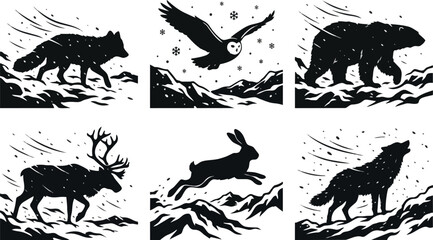 Set of black and white silhouette vector illustrations depicting various arctic wildlife species like bears wolves owls and reindeer in snowy winter landscapes presented in a stylized artistic format  © maria 