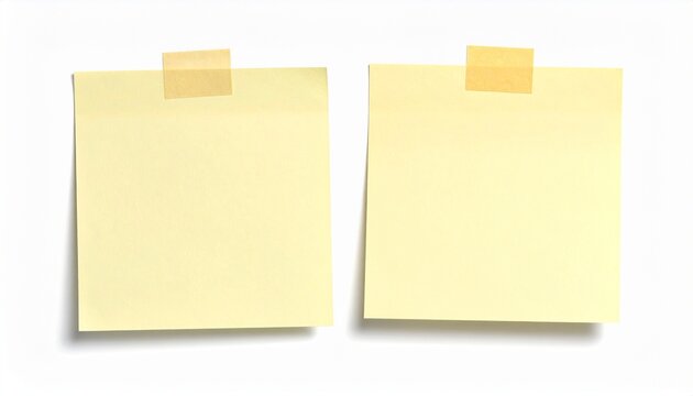 Two yellow sticky notes with adhesive tabs on white background, blank space for text, office organization tool