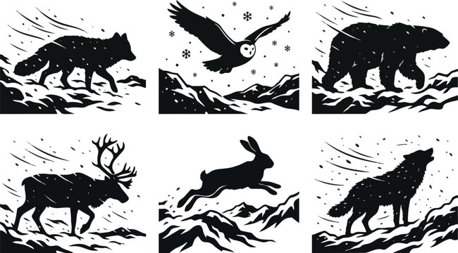 Set of black and white silhouette vector illustrations depicting various arctic wildlife species like bears wolves owls and reindeer in snowy winter landscapes presented in a stylized artistic format 