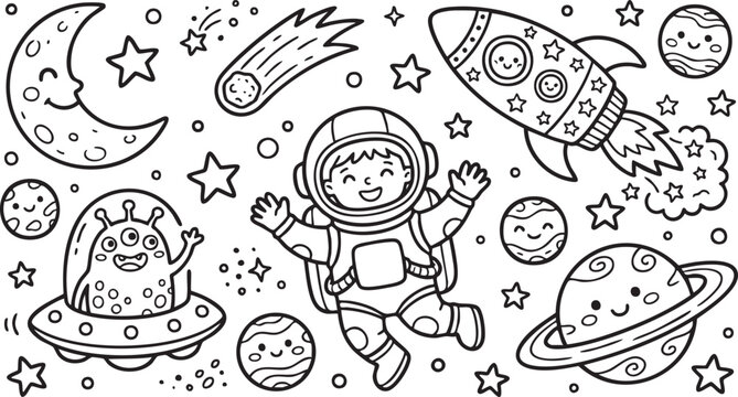 Astronaut in Space with Rocket Ship, Educational Black and White Coloring Page.