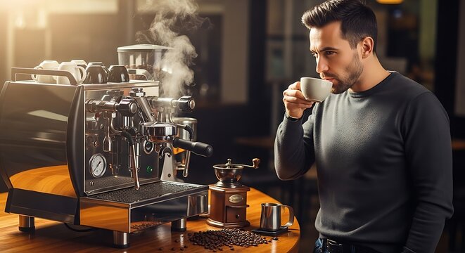 Man enjoying coffee from espresso machine.