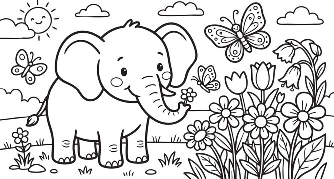 Cartoon elephant with big ears standing, Cute Animals Coloring Pages for Kids.