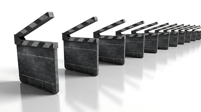 Row of film clapperboards with OUTTAKES text and reflections on white background