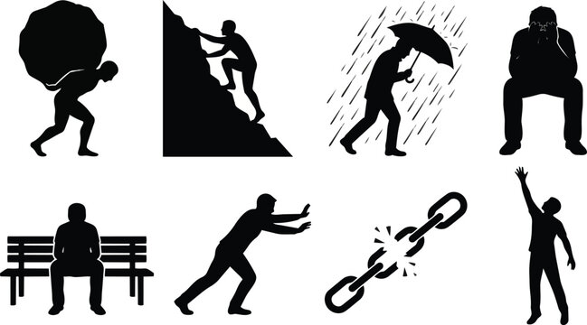 Collection of black silhouettes featuring various human emotions and physical challenges representing life struggles and personal growth concepts presented as a creative vector illustration isolated o