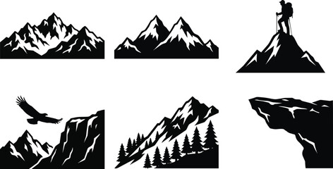 Set of black and white mountain adventure silhouette icons featuring rocky peaks hiking climber eagle in flight and pine forest scenery elements presented as a professional collection on transparent b © maria 