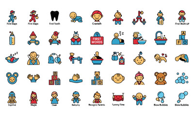 Obraz premium Baby milestones icons set colorful solid colors bold