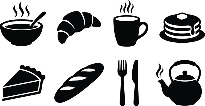 Collection of breakfast food items and kitchen utensils presented as a set of flat black silhouettes including bread coffee pancakes and cutlery arranged in a clean simple style on transparent backgro