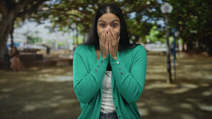 Naklejka premium Woman in green cardigan covers mouth with both hands in a sunlit outdoor park setting; astonishment.