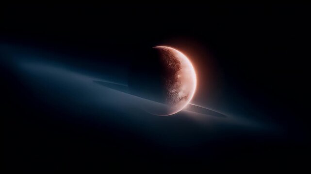Eclipse, fantasy, mysterious, supernatural. A digital artwork depicts a celestial scene. The main subject is a crescent moon, illuminated by a warm, reddishorange glow.