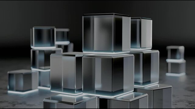 Glowing cube metal cube futuristic block abstract shape 3d render neon light dark background stacked cube glossy surface modern design glowing cube transparent cube stacked cube dark studio neon
