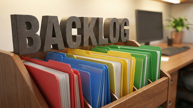 Colorful office folders representing pending tasks and a prominent backlog of work to be addressed and managed