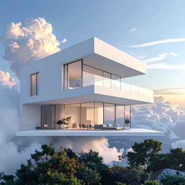 Modern minimalist house above clouds