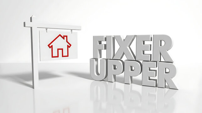Real estate opportunity 3D 'FIXER UPPER' text and a classic for sale sign with house icon