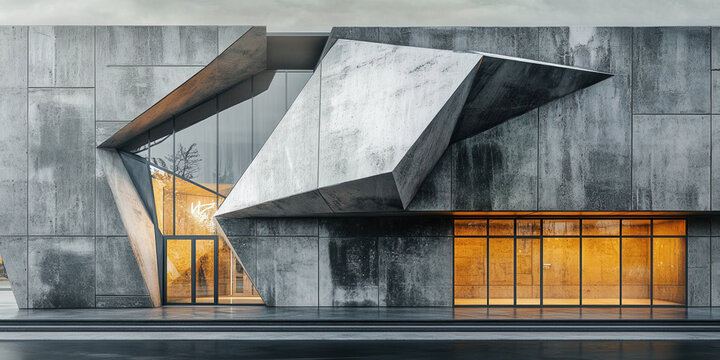 Dramatic Aleksey Architectural Building with Brutalist Concrete Facade and Glowing Interiors