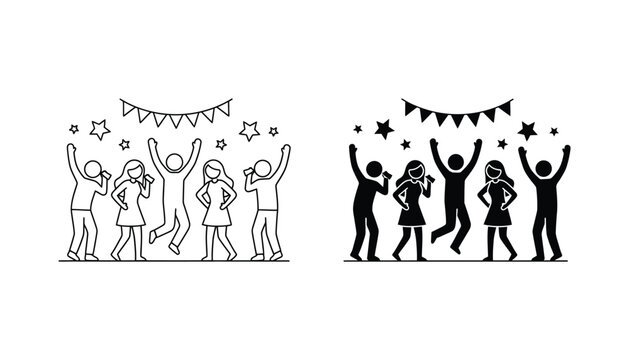 Group of people celebrating with hands up and streamers in minimalist vector style for party and event concepts
