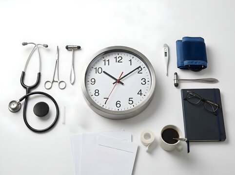 Overhead View of Round Silver Medical Wall Clock with Stethoscope and Tools